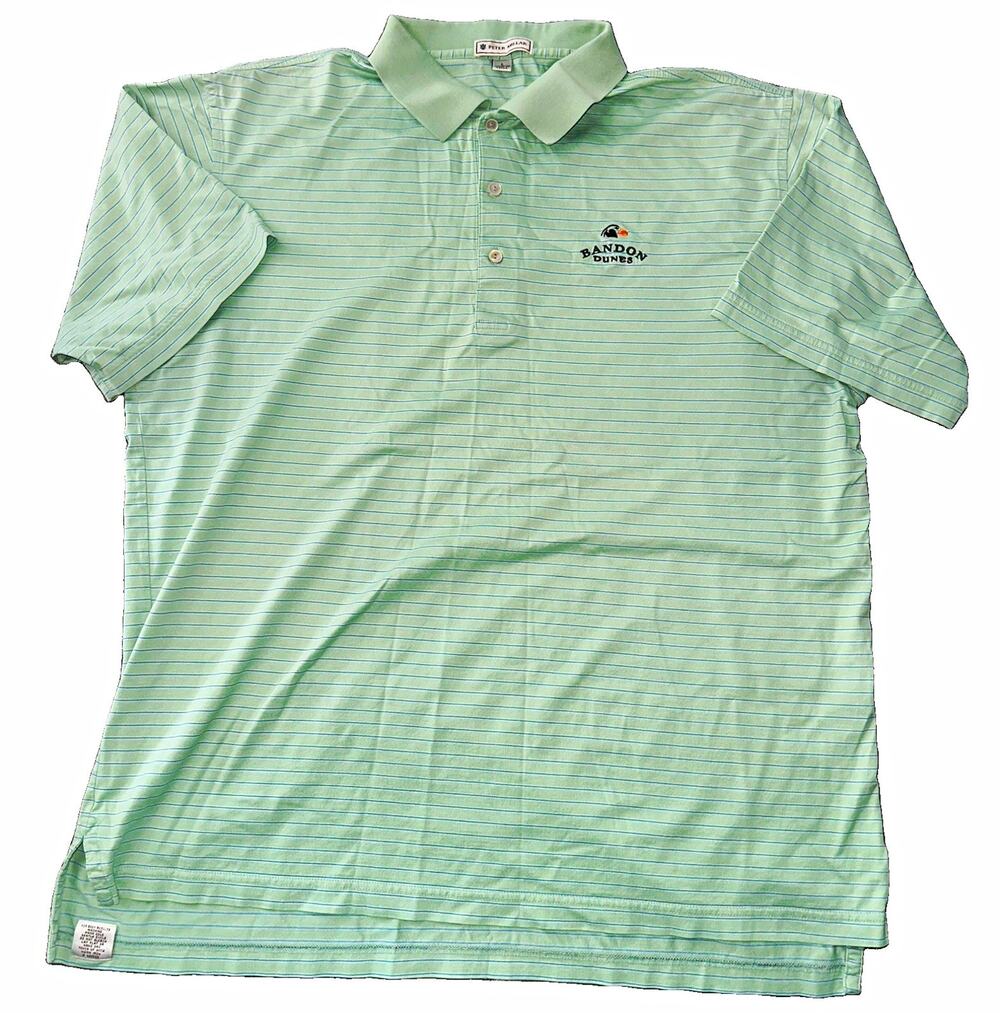 Peter Millar Mens Large Mint Green Striped Bandon Dunes Puffin Golf Polo Shirt